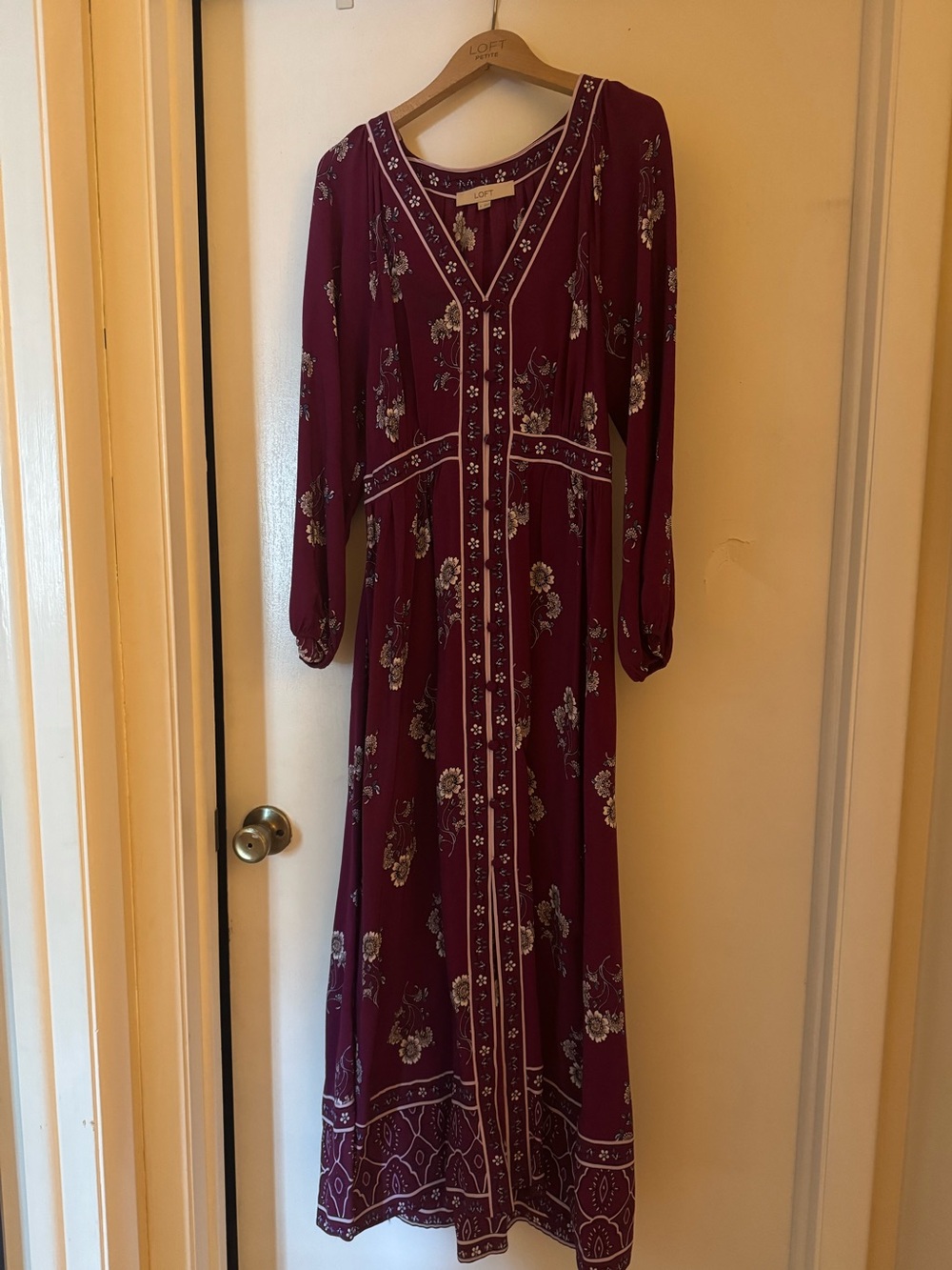 LOFT Burgundy Floral V-Neck Long Sleeve Maxi Dress